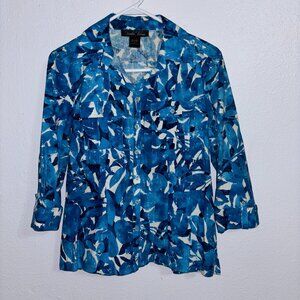 Brandon‎ Thomas Floral Blouse Size S Blue Linen Blend Tropical Safari 3/4 Sleeve